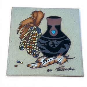 Vintage Cleo Teissedre Native American Art Wall Tile Coaster Trivet 5.75”x5.75”